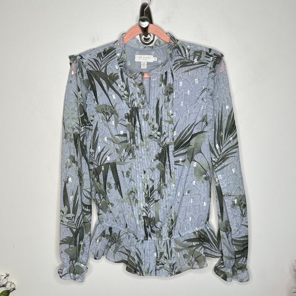 TED BAKER Tibbine Highland Frill Blouse Green Plant Leaf Print Gray {WW22} - Picture 3 of 7